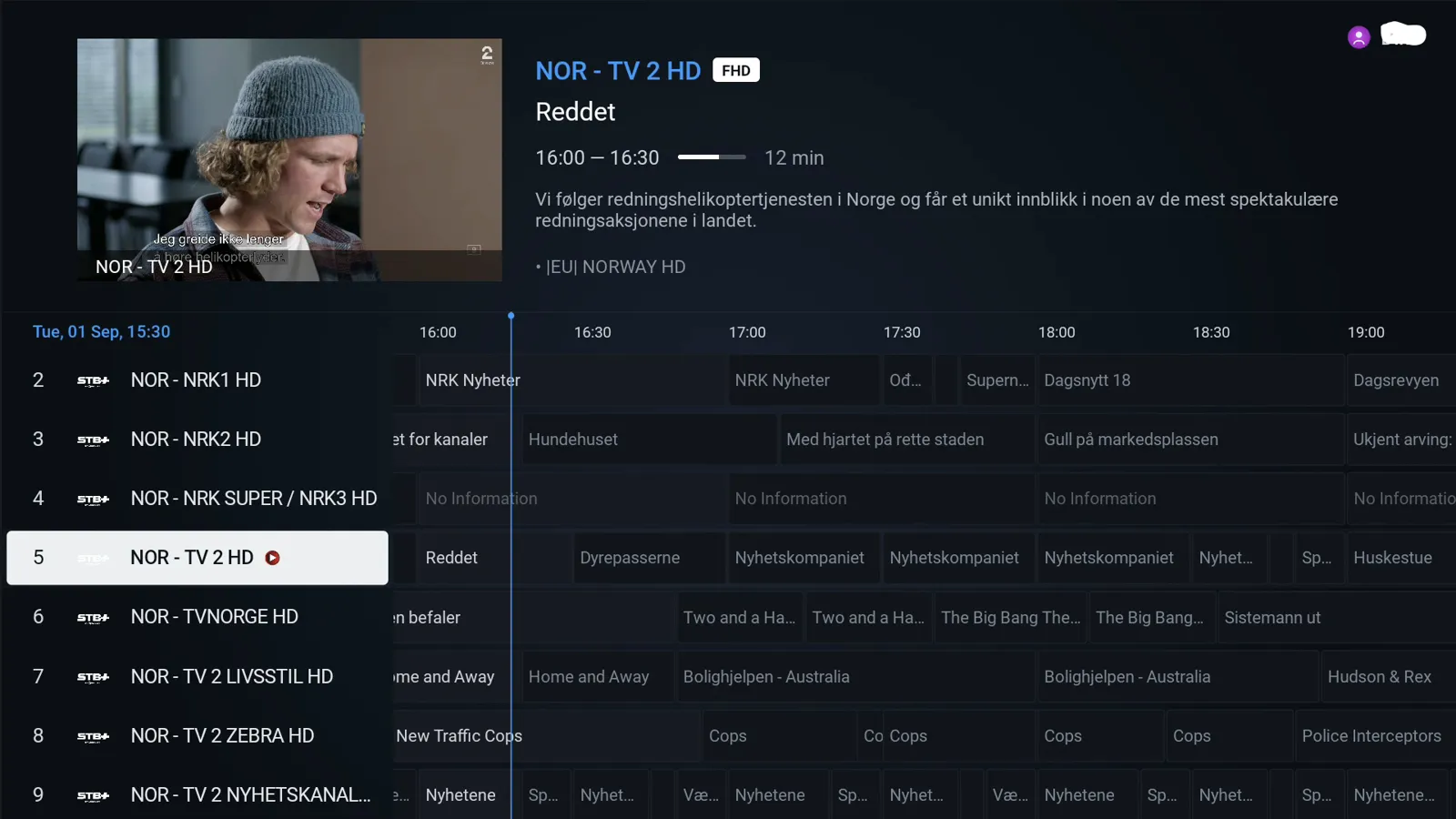 TV-guide i STB+ appen med NRK1, NRK2, TV 2 og TVNorge og programmet Reddet på TV 2 HD