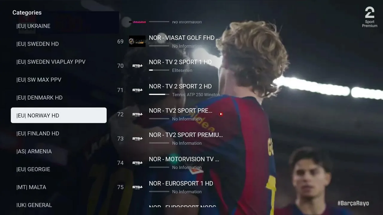 Kanalliste i STB+ appen med kategorien Norway HD og sportskanaler som TV 2 Sport 1, TV 2 Sport 2 og Eurosport 1